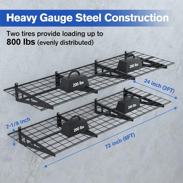 WORKPRO 2Pack 2x6FT Garage Wall Shelving 72 x 24 Heavy Duty Wall Mounted Shelving 800lbs Load Capacity Total Metal Wall Shelves Suitable for Shop Shed Garage Storage Black 1 Sets2x6FT