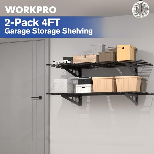 WORKPRO 2Pack 2x6FT Garage Wall Shelving 72 x 24 Heavy Duty Wall Mounted Shelving 800lbs Load Capacity Total Metal Wall Shelves Suitable for Shop Shed Garage Storage Black 1 Sets2x4FT