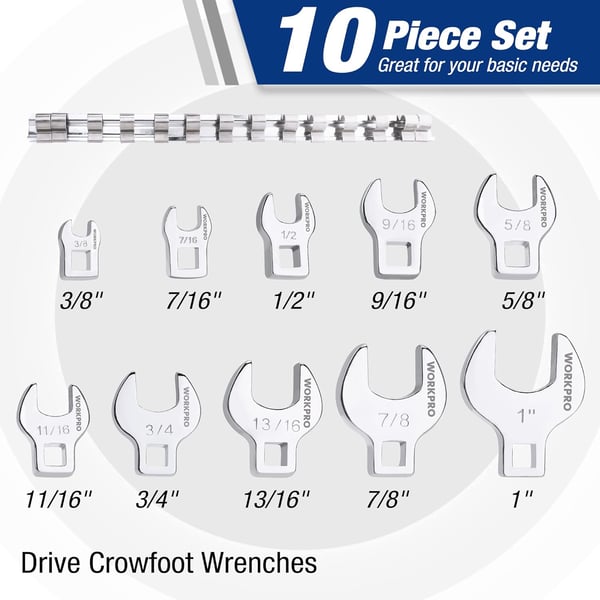 WORKPRO 38 Drive Flare Nut Wrench Set 10piece Crowfoot Flare Nut Tool Kit SAE 381in Steel Wrench With Storage Rail for Nut RemovalRegular SAE