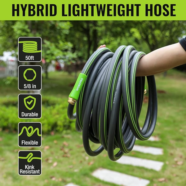 WORKPRO 58 IN x 10 FT Garden Hose Durable Flexible Lightweight Water Hose with BiMaterial 360 Rotation Handle 34 GHT Solid Brass Fittings for Outdoor Lawn Garden amp Yard Car Wash50ft 360 Rotary Handle