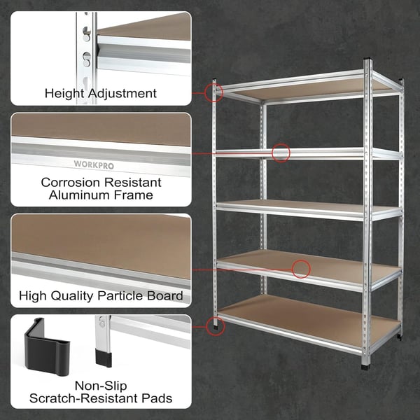 WORKPRO 5Tier Storage Shelving Unit 48W x 24D x 72H Adjustable Storage Rack Heavy Duty Aluminum Alloy Shelf 2750 lbs Load Capacity Total for Garage Kitchen Bathroom Warehouse W08206110 48u201DW x 24u201DD x 72u201DH