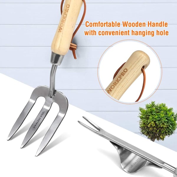 WORKPRO Garden Tools Set 7 Piece Stainless Steel Heavy Duty Gardening Tools with Wooden Handle Including Garden Tote Gloves Trowel Hand Weeder Cultivator and MoreGardening Gifts For Women MenGreen