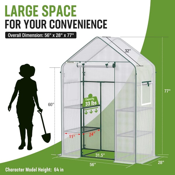 WORKPRO Greenhouse 56 x 56 x 77 Heavy Duty Walk in Greenhouses for Outdoors with Screen Windows Thicken PE Cover 3 Tier 8 Shelves Portable Green House Kit for Patio Backyard and Porch56 L X 28 W X 77 H Walk in Small