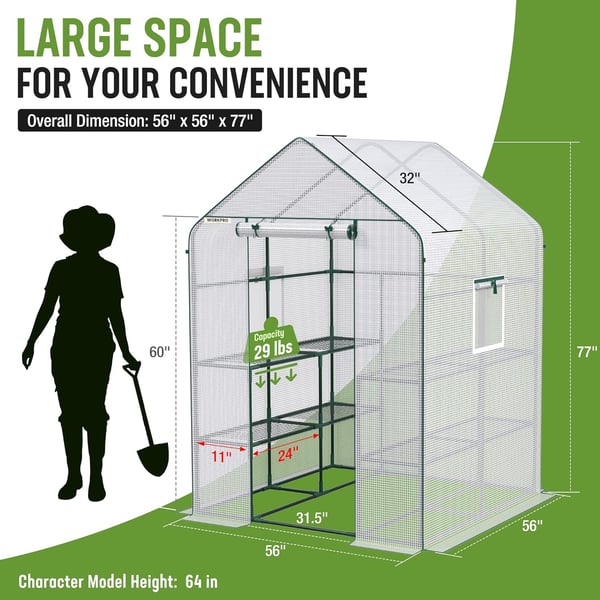 WORKPRO Greenhouse 56 x 56 x 77 Heavy Duty Walk in Greenhouses for Outdoors with Screen Windows Thicken PE Cover 3 Tier 8 Shelves Portable Green House Kit for Patio Backyard and Porch56 L X 56 W X 77 H Walk in Large