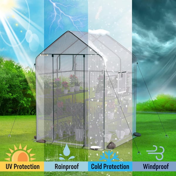 WORKPRO Greenhouse 56 x 56 x 77 Heavy Duty Walk in Greenhouses for Outdoors with Screen Windows Thicken PE Cover 3 Tier 8 Shelves Portable Green House Kit for Patio Backyard and Porch56 L X 56 W X 77 H Walk in Large