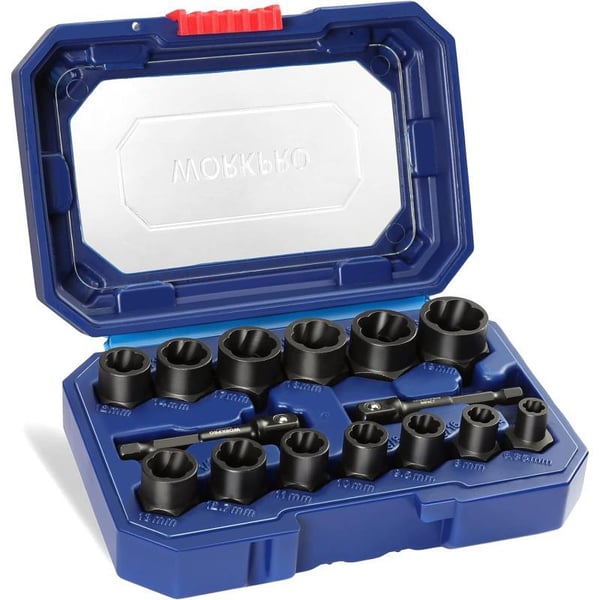 WORKPRO 15 Pieces Impact Bolt amp Nut Remover Set 38 Drive Bolt Extractor for Removing Stripped Damaged Rounded off and Rusted Bolts amp NutsWORKPRO 15 Pieces Impact Bolt amp Nut Remover Set 38 Drive Bolt Extractor for Removing Stripped Damaged Rounded off and Rusted Bolts amp Nuts