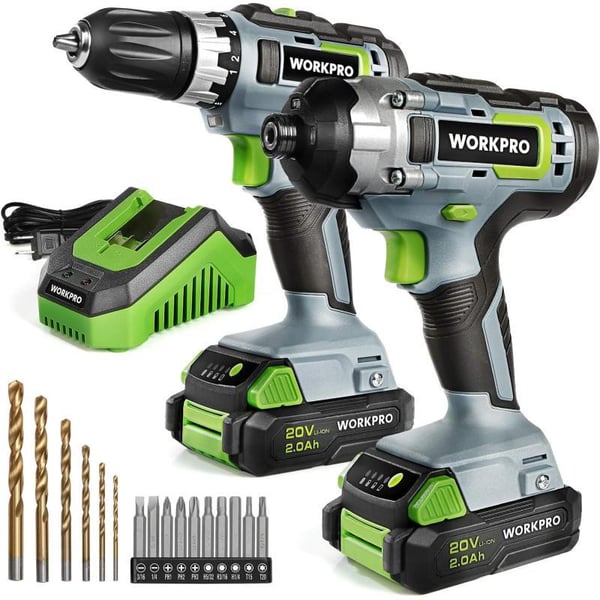 WORKPRO 20V Cordless Drill Combo Kit Drill Driver and Impact Driver with 2x 20Ah Batteries and 1 Hour Fast ChargerWORKPRO 20V Cordless Drill Combo Kit Drill Driver and Impact Driver with 2x 20Ah Batteries and 1 Hour Fast Charger