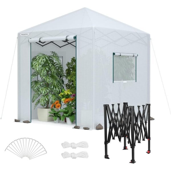 WORKPRO 8x 8 Portable Walkin Greenhouse Instant Popup Heavy Duty Gardening House Canopy with Durable PE Cover Indoor Outdoor Plant Winter House with Zipper Entry Doors and 2 Side Screen Windows8X 8 ftWhiteLarge