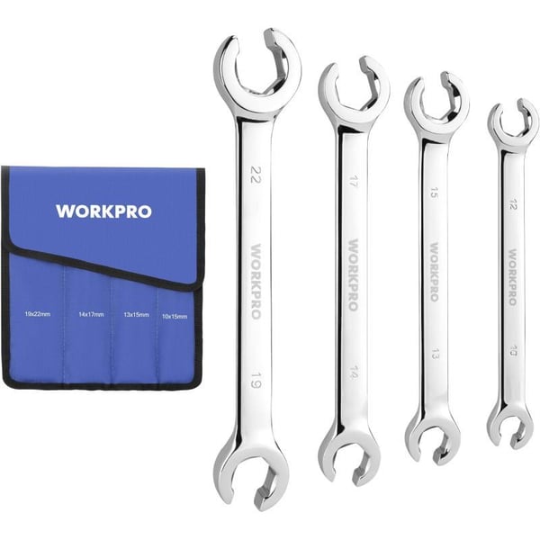 WORKPRO Flare Nut Wrench Set Metric 4piece 10 12 13 14 15 17 19 22mm CrV Steel 15 Offset End Brake Line Wrenches Set Organizer Pouch IncludedWORKPRO Flare Nut Wrench Set Metric 4piece 10 12 13 14 15 17 19 22mm CrV Steel 15 Offset End Brake Line Wrenches Set Organizer Pouch Included