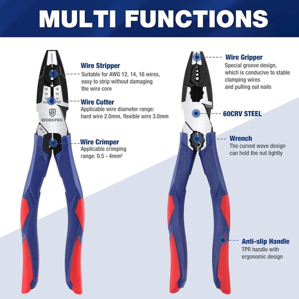 WORKPRO 8 Inch Linesman Pliers with Wire Cutter and Stripper Multipurpose Combination Pliers Premium CRV Steel Hand Tool Plier for Twisting Cutting Wires and Clamping ScrewsWORKPRO 8 Inch Linesman Pliers with Wire Cutter and Stripper Multipurpose Combination Pliers Premium CRV Steel Hand Tool Plier for Twisting Cutting Wires and Clamping Screws