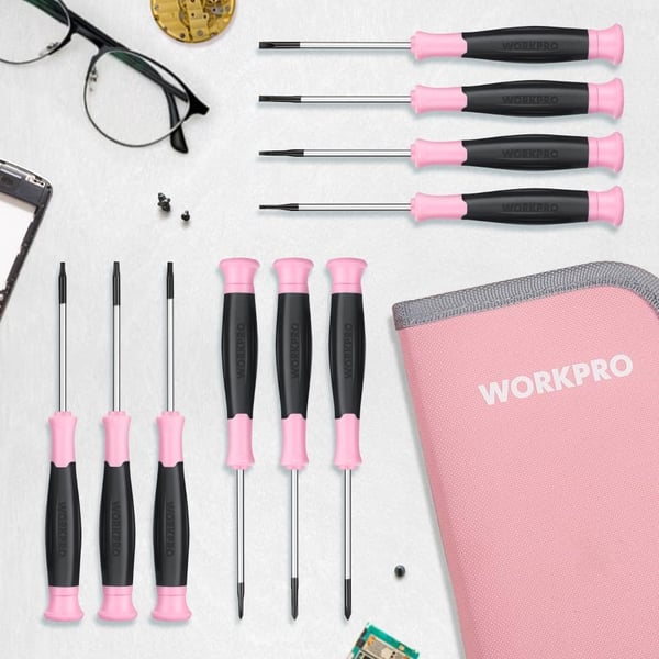 WORKPRO 10Piece Precision Screwdriver Set with Pink Pouch Phillips Slotted Torx Star Magnetic Tip Small Screwdriver Repair Kit for Eyeglass Watch Computer Laptop and Phone  Pink RibbonPink