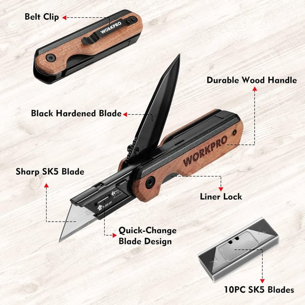 WORKPRO 2in1 Folding KnifeUtility Knife QuickChange Box Cutter with Belt Clip and Liner Lock Extra 10 SK5 Blades IncludedWORKPRO 2in1 Folding KnifeUtility Knife QuickChange Box Cutter with Belt Clip and Liner Lock Extra 10 SK5 Blades Included