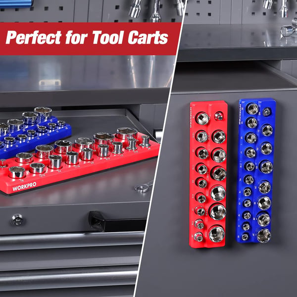 WORKPRO 38inch Magnetic Socket Organizer Set 2Piece SAE amp Metric Socket Holders Holds 56 Standard and Deep Sockets for Tool Box Tool Carts Sockets Not Included12 SAEampMetric