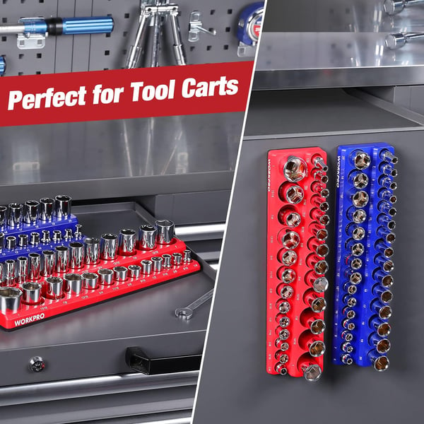 WORKPRO 38inch Magnetic Socket Organizer Set 2Piece SAE amp Metric Socket Holders Holds 56 Standard and Deep Sockets for Tool Box Tool Carts Sockets Not Included38 SAEampMetric