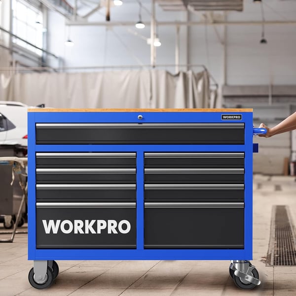 WORKPRO 42Inch 7Drawers Rolling Tool Chest Mobile Tool Storage Cabinet with Wooden Top Equipped with Casters Handle Drawer Liner and Locking System 1000 lbs Load Capacity46 inch