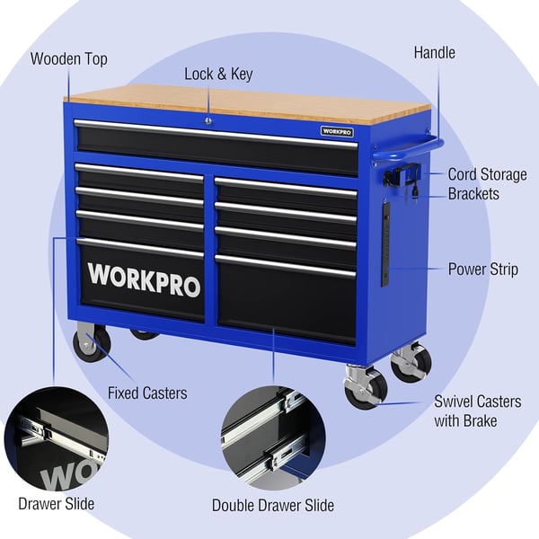 WORKPRO 42Inch 7Drawers Rolling Tool Chest Mobile Tool Storage Cabinet with Wooden Top Equipped with Casters Handle Drawer Liner and Locking System 1000 lbs Load Capacity46 inch