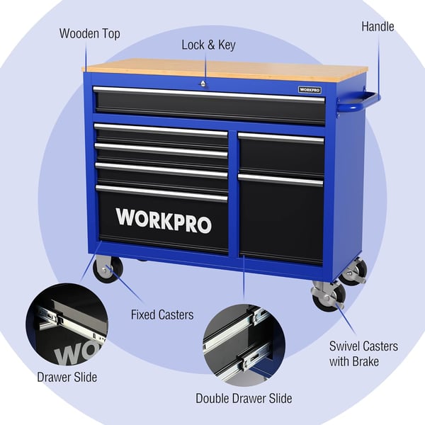 WORKPRO 42Inch 7Drawers Rolling Tool Chest Mobile Tool Storage Cabinet with Wooden Top Equipped with Casters Handle Drawer Liner and Locking System 1000 lbs Load Capacity42 inch