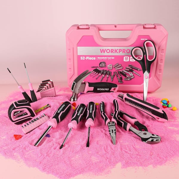 WORKPRO 52Piece Pink Tools Set Household Tool Kit with Storage Toolbox Basic Tool Set for Home Garage Apartment Dorm New House Back to School and as a Gift  Pink RibbonWORKPRO 52Piece Pink Tools Set Household Tool Kit with Storage Toolbox Basic Tool Set for Home Garage Apartment Dorm New House Back to School and as a Gift  Pink Ribbon