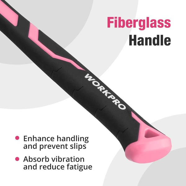 WORKPRO 8 oz Claw Hammer with Fiberglass Handle All Purpose Hammer with Forged Hardened Steel Head Smooth Face amp Shock Reduction Grip  Pink Ribbon16oz