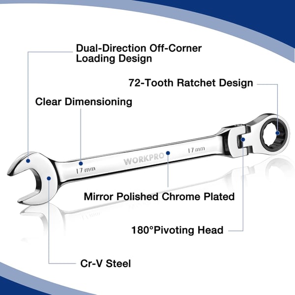 WORKPRO 8piece FlexHead Ratcheting Combination Wrench Set Metric 917 mm 72Teeth CrV Constructed Nickel Plating with Organization BagMetric Regular amp Mirror Polished