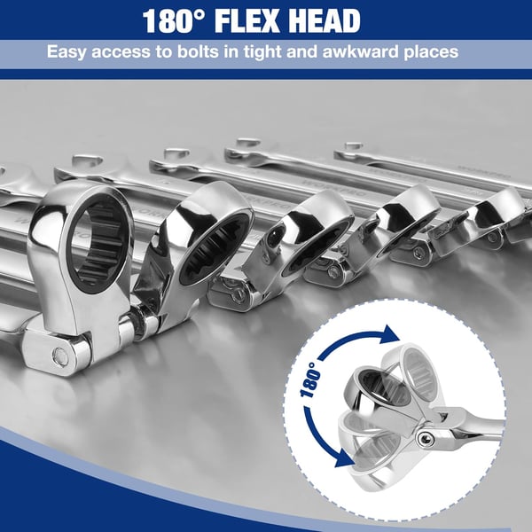 WORKPRO 8piece FlexHead Ratcheting Combination Wrench Set Metric 917 mm 72Teeth CrV Constructed Nickel Plating with Organization BagMetric Regular amp Mirror Polished