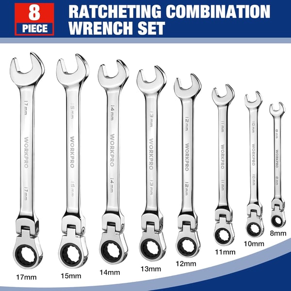 WORKPRO 8piece FlexHead Ratcheting Combination Wrench Set Metric 917 mm 72Teeth CrV Constructed Nickel Plating with Organization BagMetric Regular amp Mirror Polished