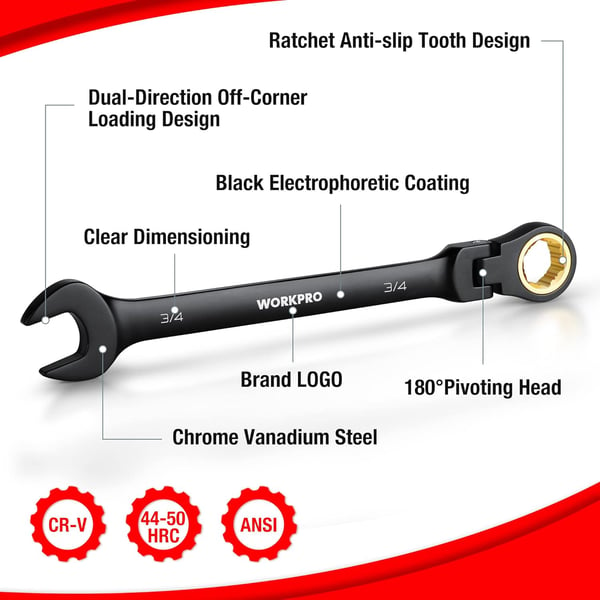 WORKPRO 8piece FlexHead Ratcheting Combination Wrench Set Metric 917 mm 72Teeth CrV Constructed Nickel Plating with Organization BagSAE AntiSlip Tooth