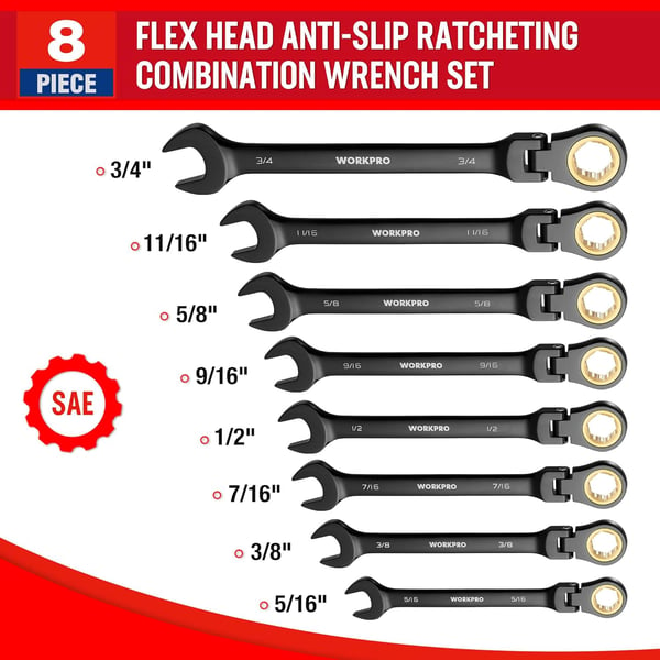 WORKPRO 8piece FlexHead Ratcheting Combination Wrench Set Metric 917 mm 72Teeth CrV Constructed Nickel Plating with Organization BagSAE AntiSlip Tooth