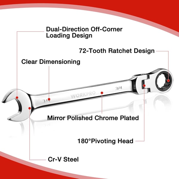 WORKPRO 8piece FlexHead Ratcheting Combination Wrench Set Metric 917 mm 72Teeth CrV Constructed Nickel Plating with Organization BagSAE Regular amp Mirror Polished