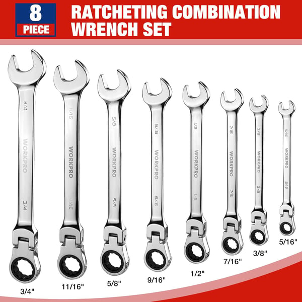 WORKPRO 8piece FlexHead Ratcheting Combination Wrench Set Metric 917 mm 72Teeth CrV Constructed Nickel Plating with Organization BagSAE Regular amp Mirror Polished