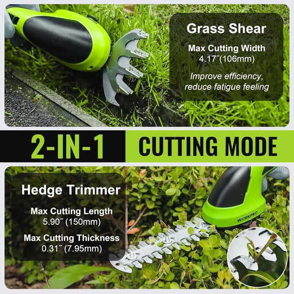 WORKPRO Cordless Grass Shear amp Shrubbery Trimmer  2 in 1 Handheld Hedge Trimmer 72V Electric Grass Trimmer Hedge ShearsGrass Cutter Rechargeable LithiumIon Battery and TypeC Cable IncludedGreen