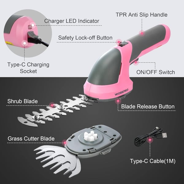 WORKPRO Cordless Grass Shear amp Shrubbery Trimmer  2 in 1 Handheld Hedge Trimmer 72V Electric Grass Trimmer Hedge ShearsGrass Cutter Rechargeable LithiumIon Battery and TypeC Cable IncludedPink