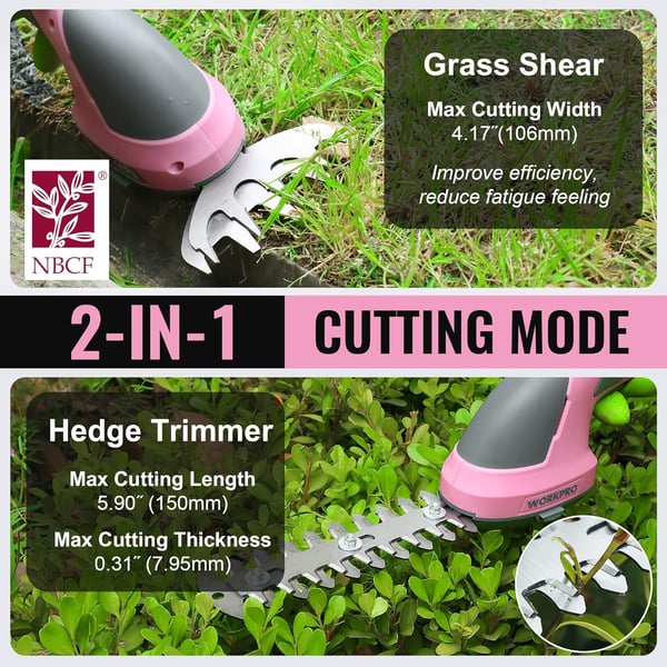 WORKPRO Cordless Grass Shear amp Shrubbery Trimmer  2 in 1 Handheld Hedge Trimmer 72V Electric Grass Trimmer Hedge ShearsGrass Cutter Rechargeable LithiumIon Battery and TypeC Cable IncludedPink