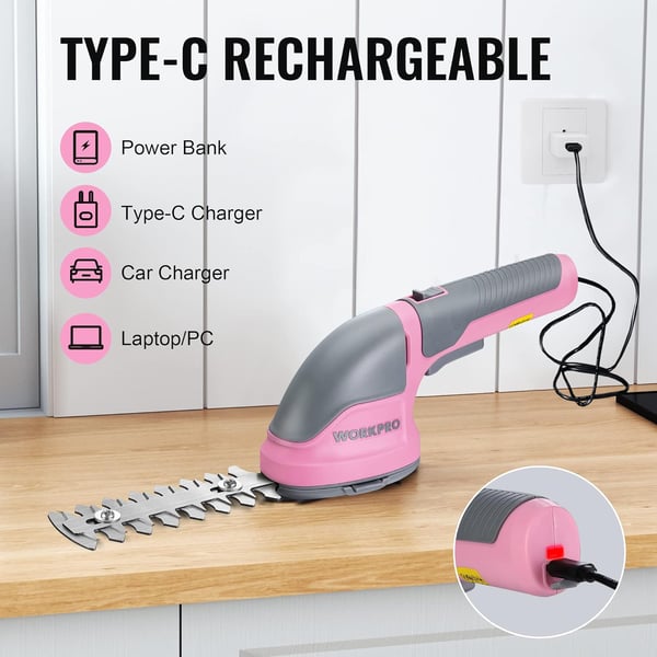 WORKPRO Cordless Grass Shear amp Shrubbery Trimmer  2 in 1 Handheld Hedge Trimmer Electric Grass Trimmer Hedge ShearsGrass Cutter Rechargeable LithiumIon Battery and TypeC Cable Included Pink RibbonPink