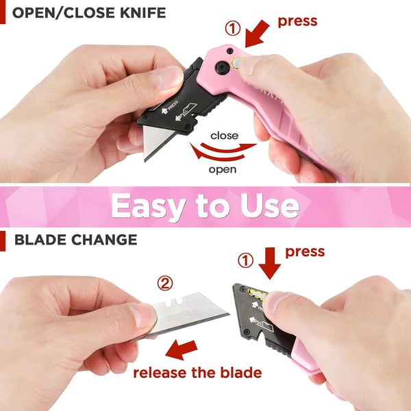 WORKPRO Folding Utility Knife Quick Change Box Cutter Pink Razor Knife for Cartons Cardboard Boxes 10 Extra Blades Included  Pink RibbonPink