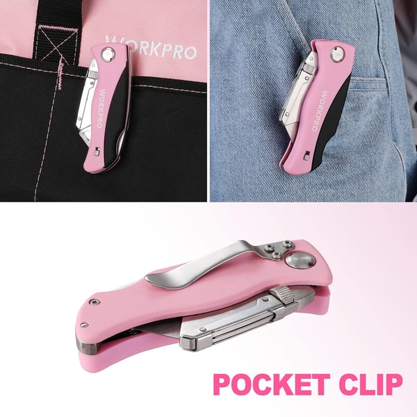 WORKPRO Folding Utility Knife Quick Change Box Cutter Pink Razor Knife for Cartons Cardboard Boxes with Blade Storage Design Extra 15 Blades Included  Pink RibbonPink