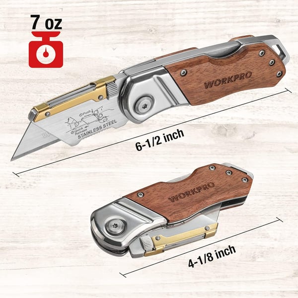 WORKPRO Folding Utility Knife with Belt Clip and Extra 10piece Blades Wood Handle Heavy Duty Cutter Quickchange amp Back LockWORKPRO Folding Utility Knife with Belt Clip and Extra 10piece Blades Wood Handle Heavy Duty Cutter Quickchange amp Back Lock