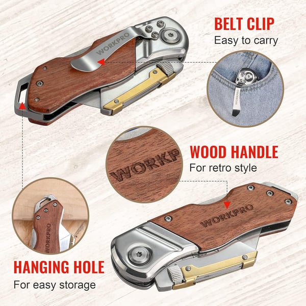 WORKPRO Folding Utility Knife with Belt Clip and Extra 10piece Blades Wood Handle Heavy Duty Cutter Quickchange amp Back LockWORKPRO Folding Utility Knife with Belt Clip and Extra 10piece Blades Wood Handle Heavy Duty Cutter Quickchange amp Back Lock