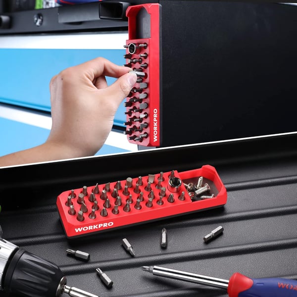 WORKPRO Magnetic Hex Bit Organizer 39 Hole Screwdriver Drill Bit Holder Tray with Strong Magnetic Base Accessories Storage Grid for 14 Inch Hex Bit amp Drive Bit Adapter Red Bits Not IncludedRed