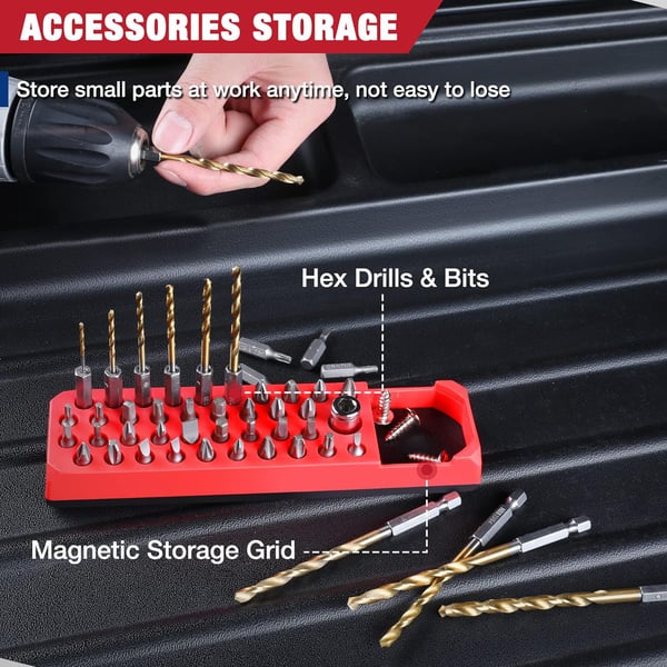 WORKPRO Magnetic Hex Bit Organizer 39 Hole Screwdriver Drill Bit Holder Tray with Strong Magnetic Base Accessories Storage Grid for 14 Inch Hex Bit amp Drive Bit Adapter Red Bits Not IncludedRed