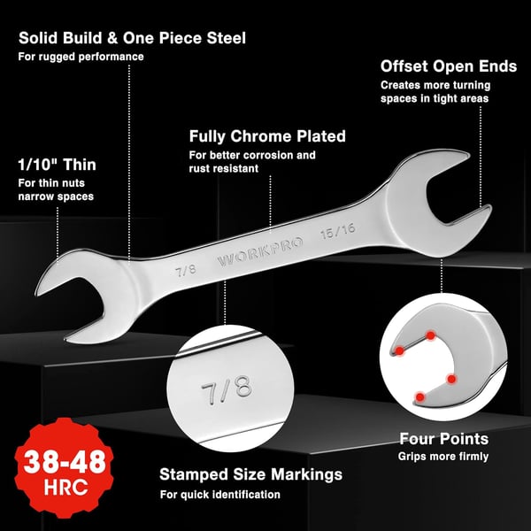 WORKPRO Metric SuperThin Open End Wrench Rollup Set 7PCS 55 to 23 mm UltraSlim Thin Wrench Set with Organizer Pouch for Thin Nuts Narrow SpacesSAE