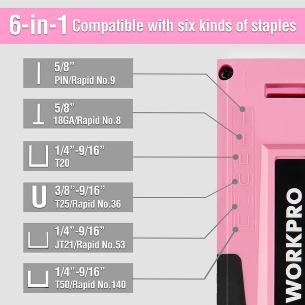 WORKPRO Pink Staple Gun 6in1 Manual Brad Nailer with 4000Pieces Staples for Fixing Material Carpentry Upholstery Furniture and DIY  Pink RibbonPink