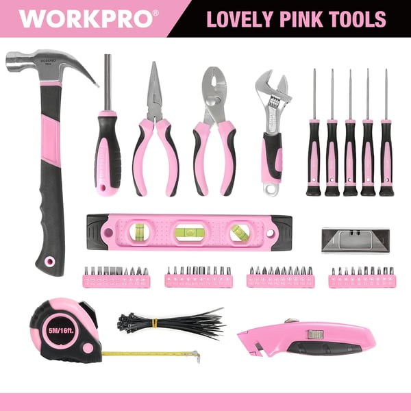 WORKPRO Pink Tool Kit  Hand Tool Set with Easy Carrying Round Pouch  Durable Long Lasting Chrome Finish Tools  Household Tool Kit Perfect for DIY Home Maintenance  Pink RibbonWORKPRO Pink Tool Kit  Hand Tool Set with Easy Carrying Round Pouch  Durable Long Lasting Chrome Finish Tools  Household Tool Kit Perfect for DIY Home Maintenance  Pink Ribbon