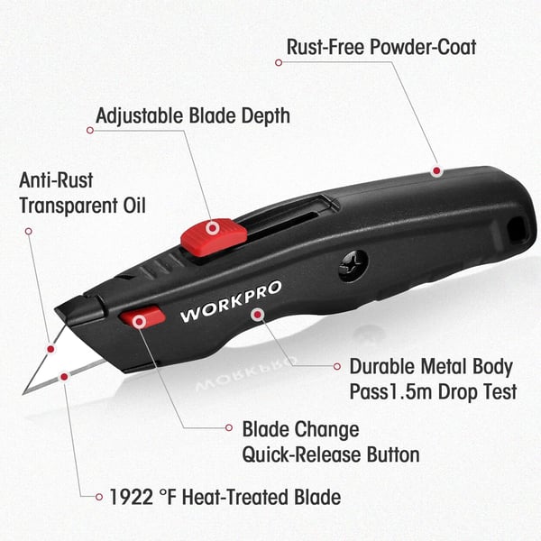 WORKPRO Premium Utility Knife 2PC Retractable All Metal Heavy Duty Box Cutter Quick Change Blade Razor Knife with 10 Extra BladesBlack