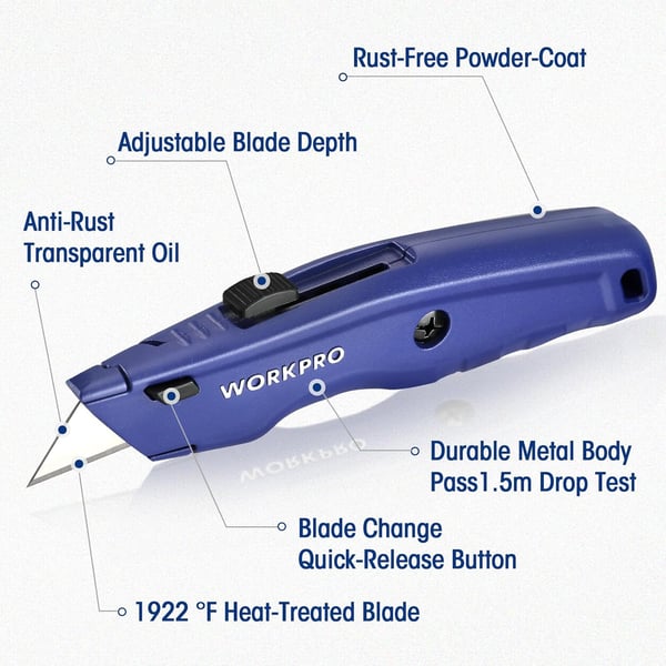 WORKPRO Premium Utility Knife 2PC Retractable All Metal Heavy Duty Box Cutter Quick Change Blade Razor Knife with 10 Extra BladesBlue