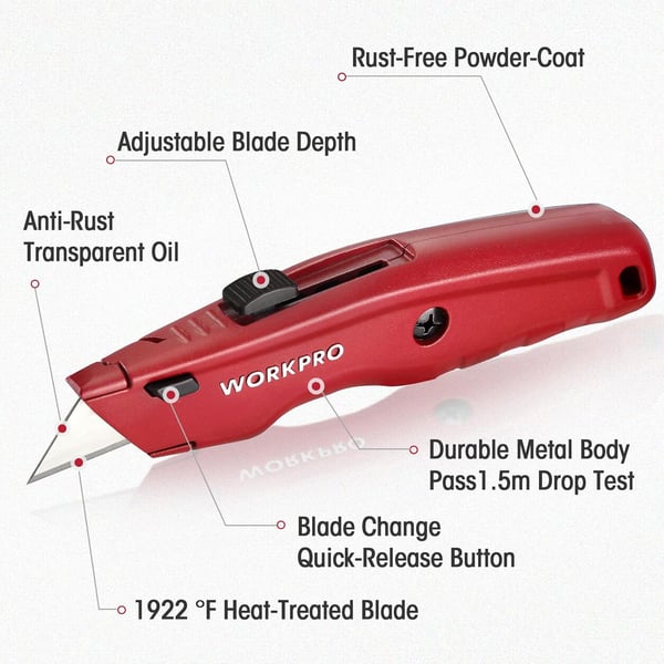 WORKPRO Premium Utility Knife 2PC Retractable All Metal Heavy Duty Box Cutter Quick Change Blade Razor Knife with 10 Extra BladesRed