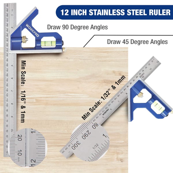 WORKPRO Rafter Square and Combination Square Tool Set 7 in Aluminum Alloy DieCasting Carpenter Square and 12 Inch ZincAlloy DieCasting Square Ruler Combo Rafter Square Layout Toolrafterampcombination square tool set