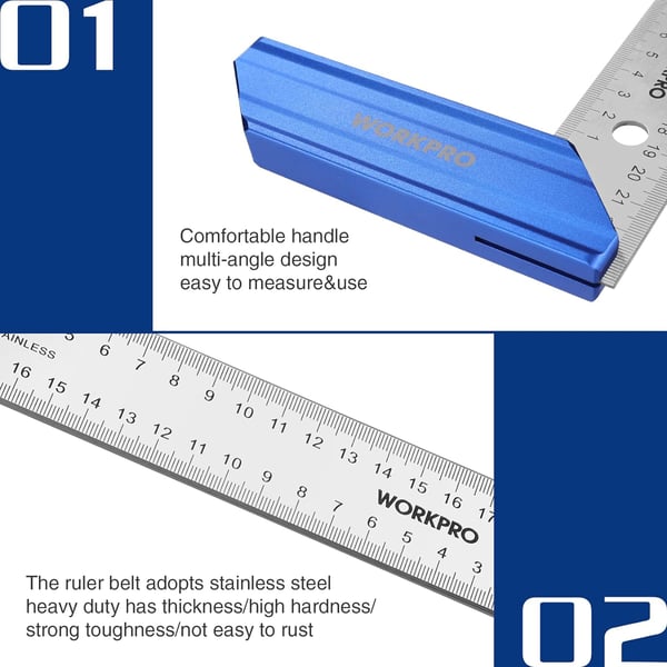 WORKPRO Rafter Square and Combination Square Tool Set 7 in Aluminum Alloy DieCasting Carpenter Square and 12 Inch ZincAlloy DieCasting Square Ruler Combo Rafter Square Layout Tool8 inch try square