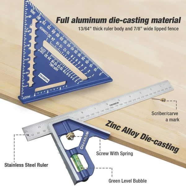 WORKPRO Rafter Square and Combination Square Tool Set 7 in Aluminum Alloy DieCasting Carpenter Square and 12 Inch ZincAlloy DieCasting Square Ruler Combo Rafter Square Layout Toolrafterampcombination square tool set