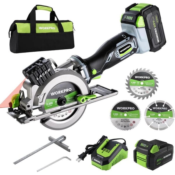 WORKPRO 20V Cordless Mini Circular Saw 412 Compact Wireless Circular Saw 40Ah Battery Fast Charger 3 Saw Blades 4500RPM Laser Guide Max Cutting Depth 1111690 11845WORKPRO 20V Cordless Mini Circular Saw 412 Compact Wireless Circular Saw 40Ah Battery Fast Charger 3 Saw Blades 4500RPM Laser Guide Max Cutting Depth 1111690 11845